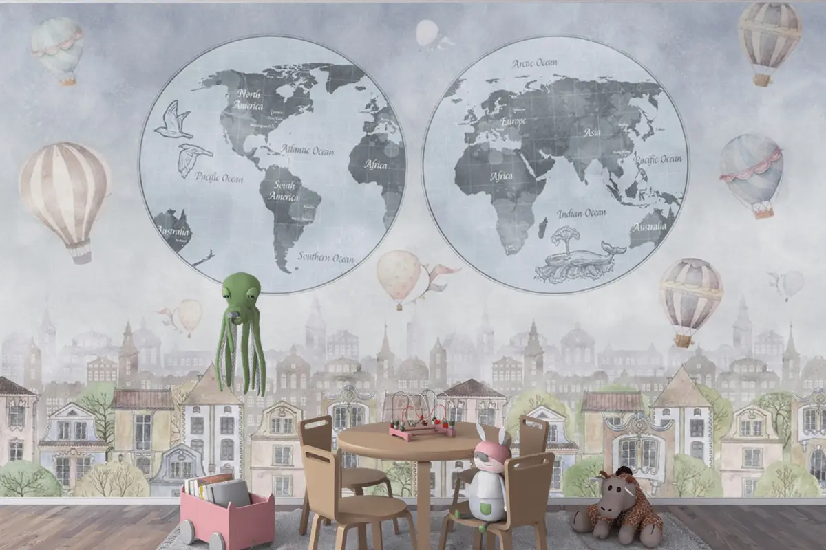 Suluboya Köy Seti Ve Retro Dünya Haritası Çocuk Odası Duvar Kağıdı Suluboya Köy Seti Ve Retro Dünya Haritası Çocuk Odası Duvar Kağıdı