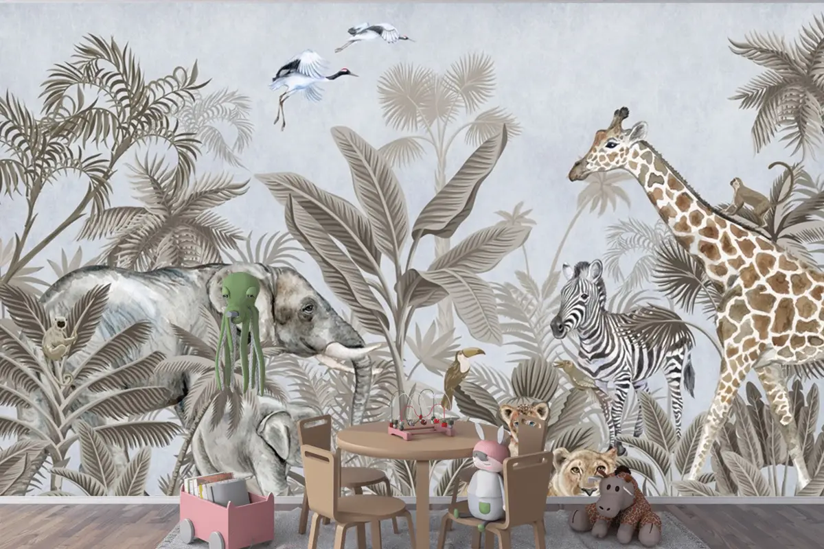 Suluboya Safari Çocuk Odası Duvar Kağıdı Suluboya Safari Çocuk Odası Duvar Kağıdı