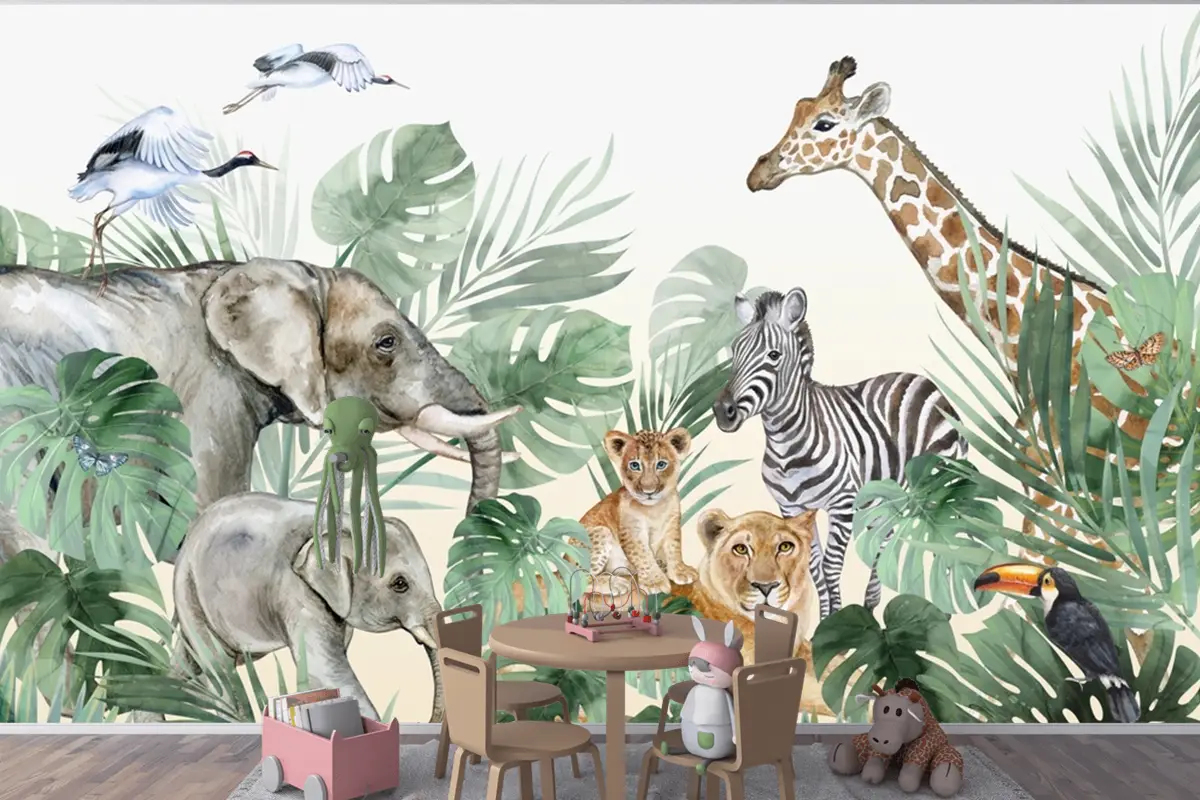 Suluboya Safari Hayvanları Çocuk Odası Duvar Kağıdı