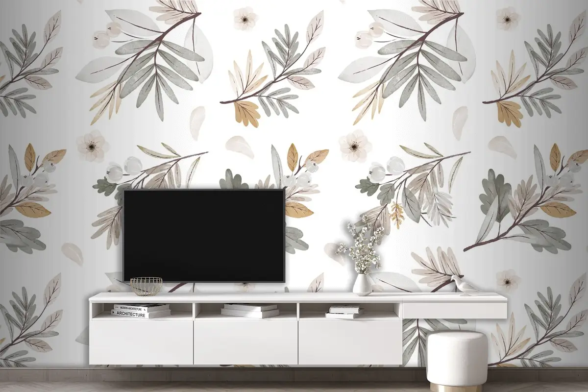 Suluboya Sonbahar Orman Buketi Deseni Tv Arkası Duvar Kağıdı