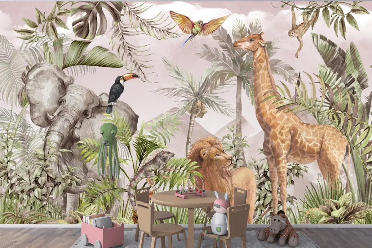 Suluboya Tropikal Orman Hayvanları Çocuk Odası Duvar Kağıdı