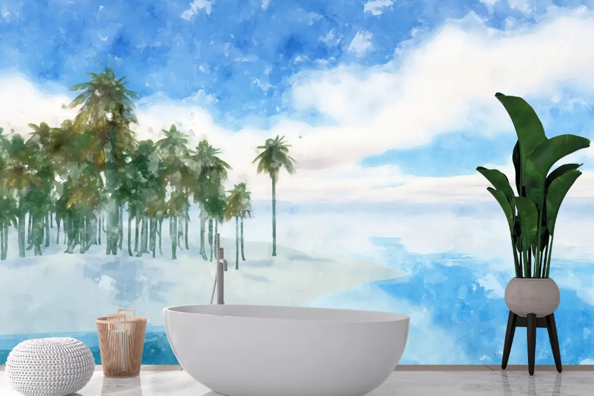 Suluboya Yaz Tropikal Arka Plan Banyo Duvar Kağıdı