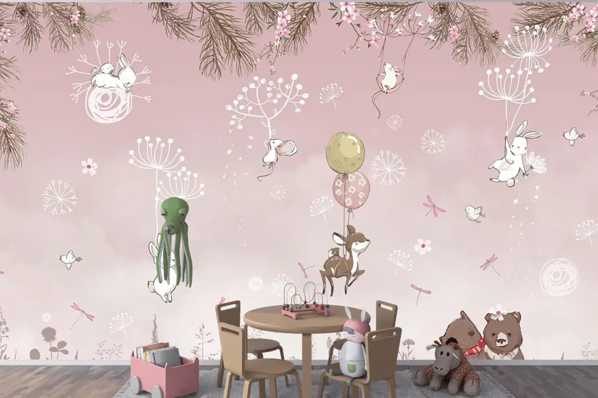 Tavşan Geyik Ayı Sevimli Hayvan Çocuk Odası Duvar Kağıdı