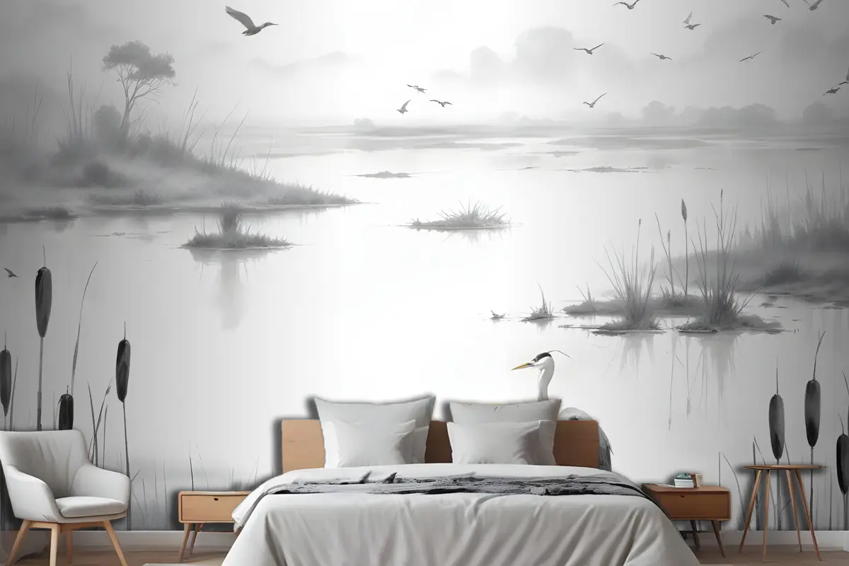 Geleneksel Çin Siyah & Beyaz Mürekkep Gölü Yatak Odası Duvar Kağıdı
