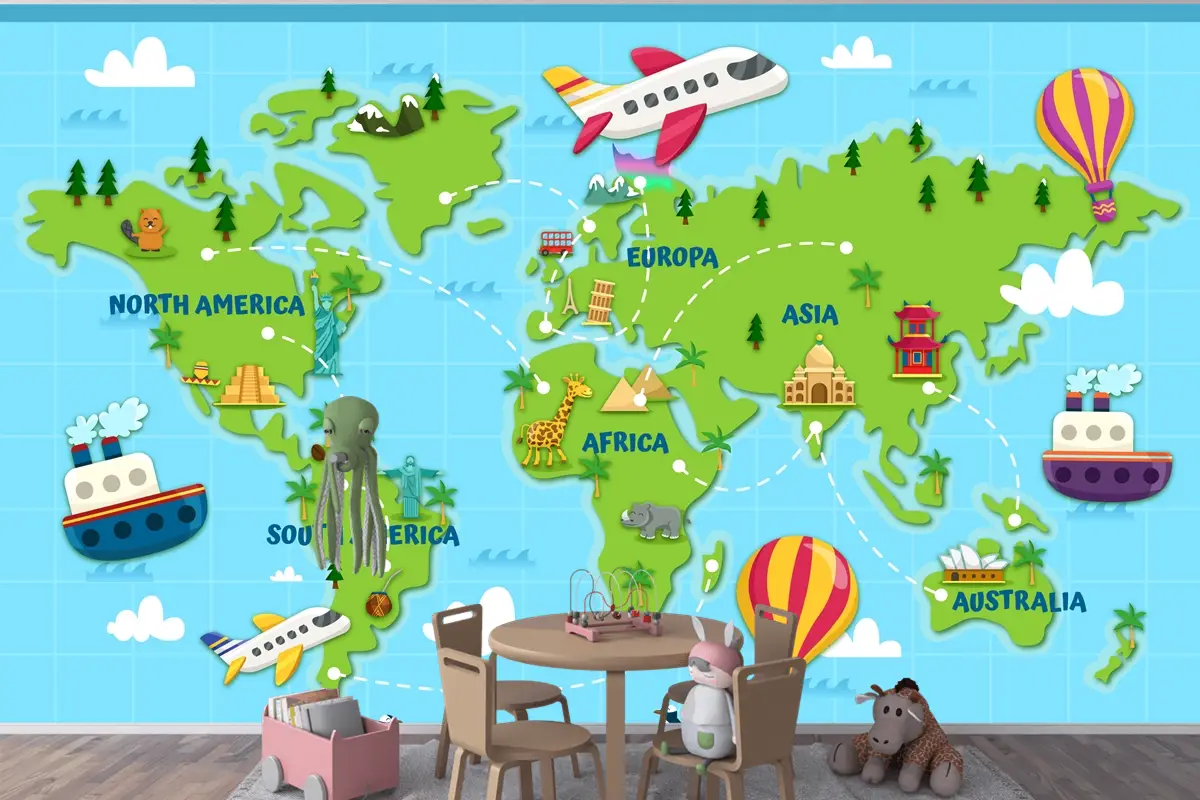 Dünyayı Seyahat Dünya Haritası Çocuk Odası Duvar Kağıdı 