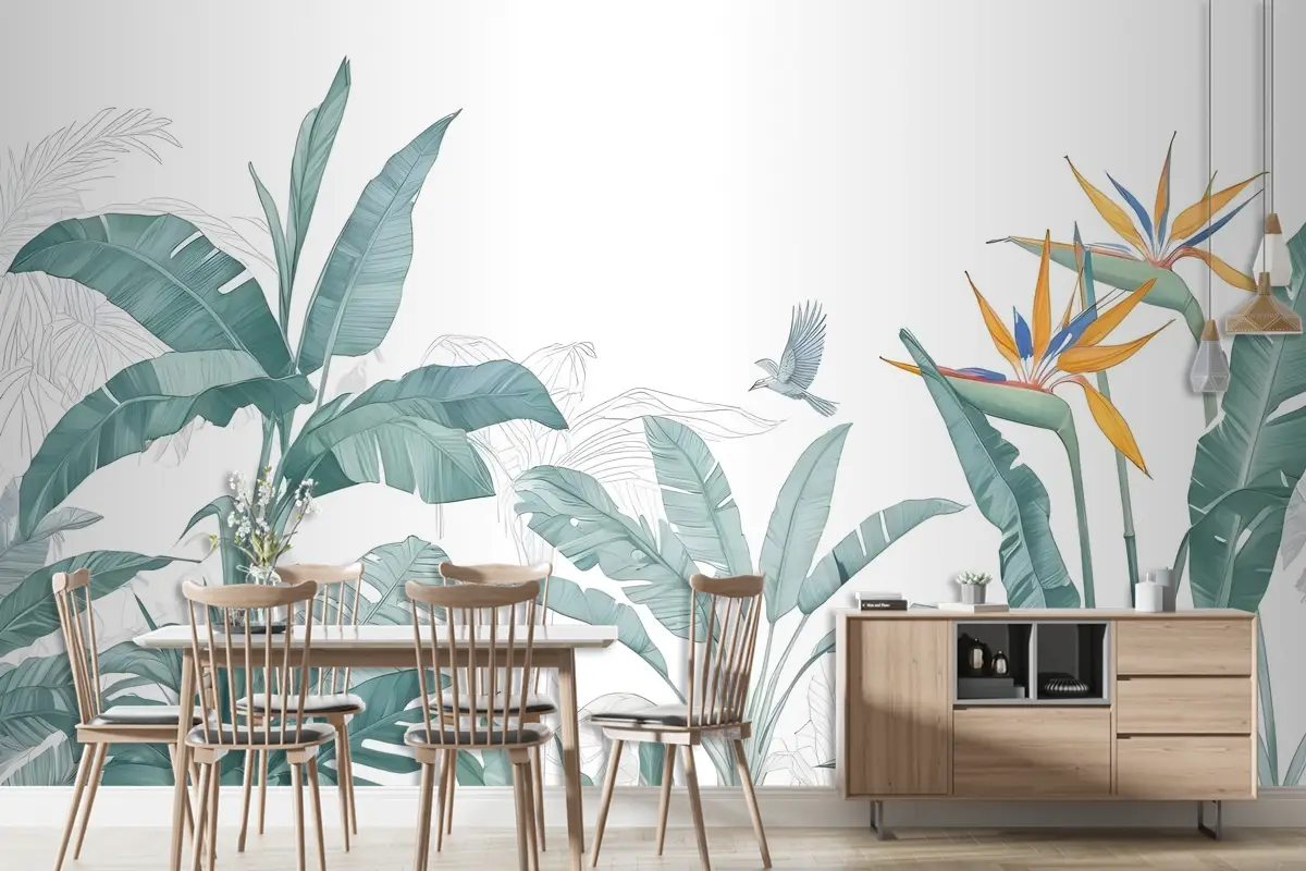 Kuşlu Tropikal Muz Yaprağı Duvar Kağıdı