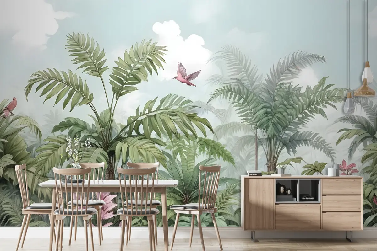 Kuşlar Ve Çiçeklerle Tropikal Yapraklar Duvar Kağıdı