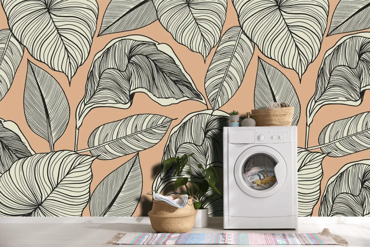 Pastel Renkli Doğrusal Arka Plan Duvar Kağıdı Ile Tropikal Yapraklar