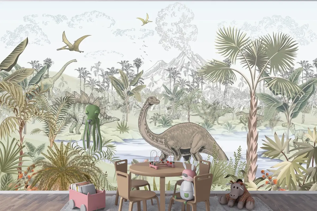 Tropikal Dinozor Çocuk Odası Duvar Kağıdı Tropikal Dinozor Çocuk Odası Duvar Kağıdı