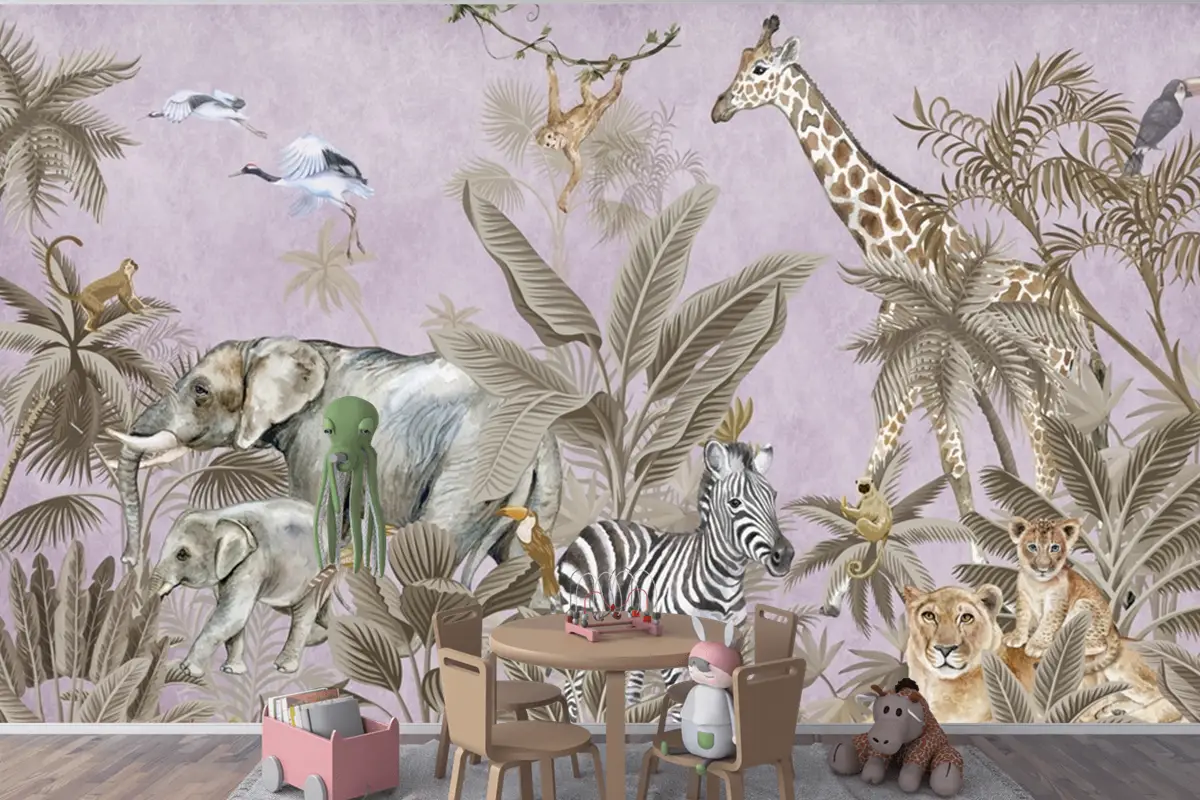 Tropikal Orman Ağaçları Mor Arka Plan Fil Zebra Aslanlar Çocuk Duvar Kağıdı Tropikal Orman Ağaçları Mor Arka Plan Fil Zebra Aslanlar Çocuk Duvar Kağıdı