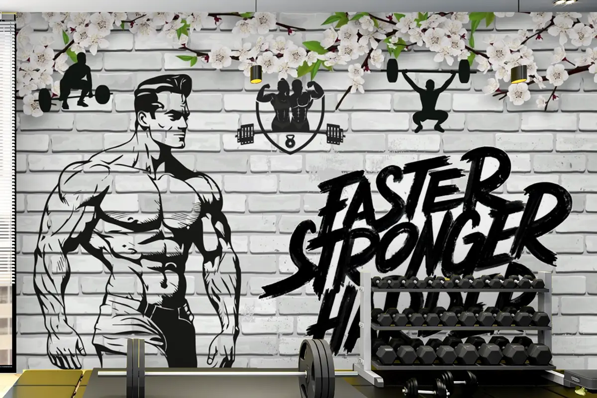 Tuğla Duvar Ve Çiçekler Fitness Gym Duvar Kağıdı