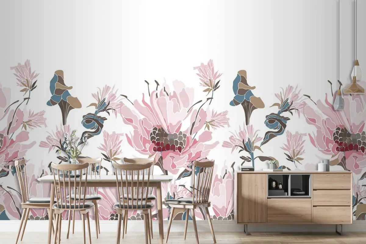 Pembe Çiçekler Otlar Duvar Kağıdı 