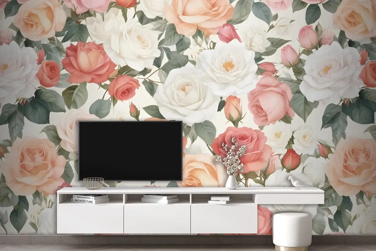 Çeşitli Pembe, Beyaz Ve Şeftali Gül Türlerini İçeren Canlı Çiçek Desenli Oturma Odası Salon Duvar Kağıdı