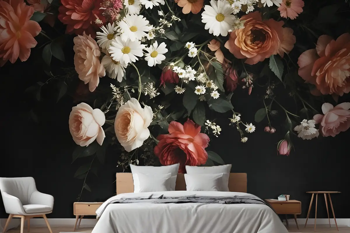 Vintage Canlı Çiçek Buketi Yatak Odası Duvar Kağıdı