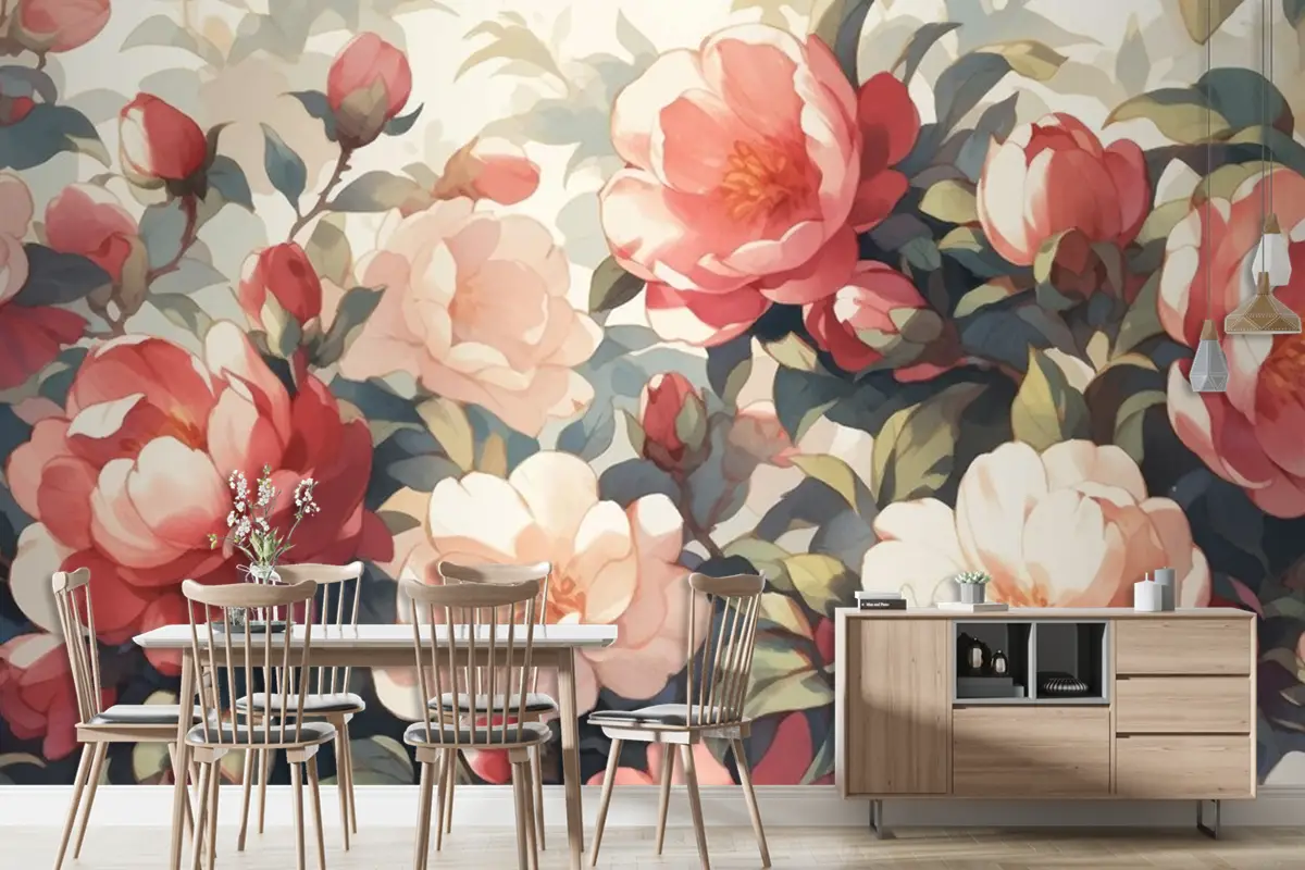 Beyaz Arka Planlı Vintage Kamelya Deseni Duvar Kağıdı