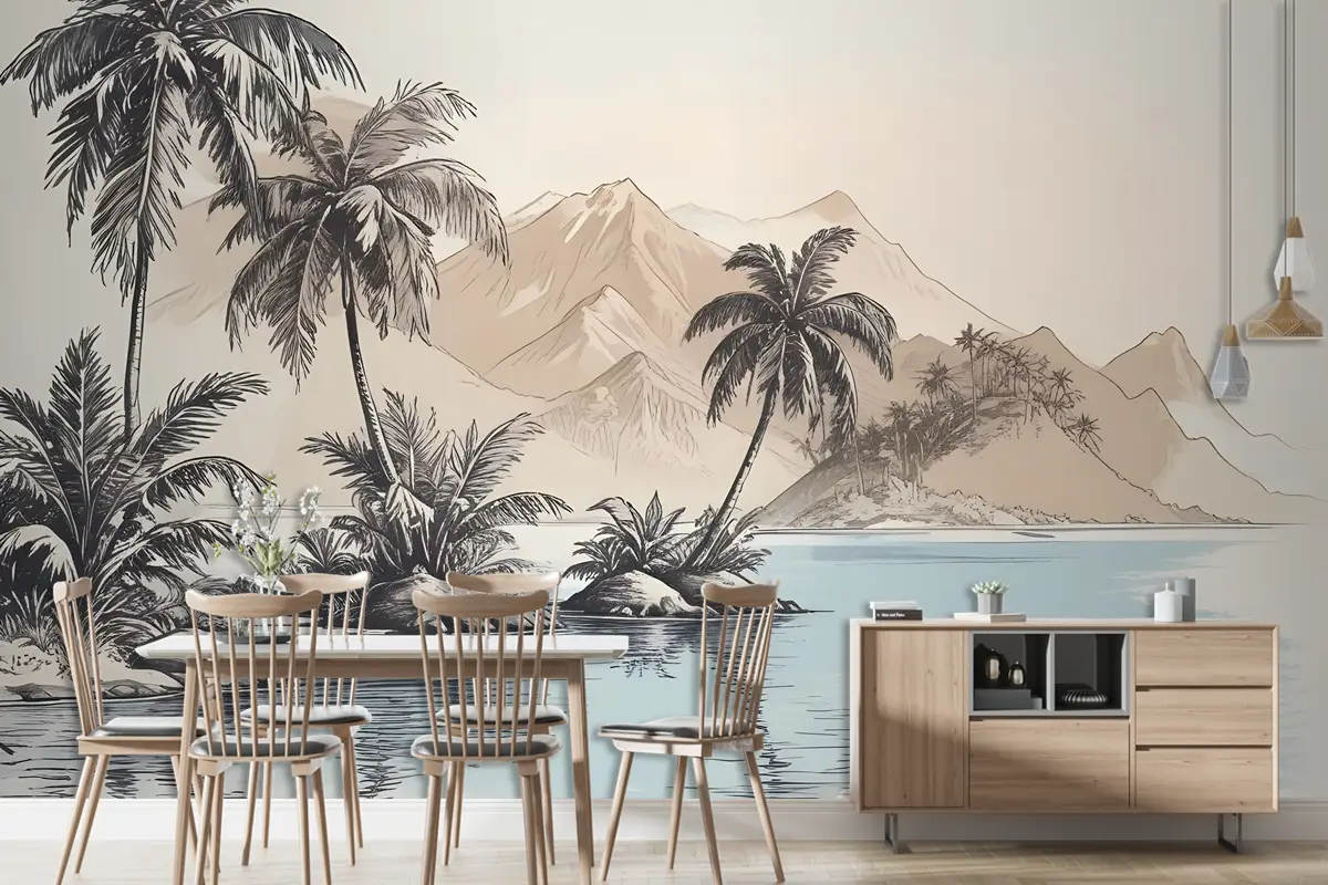 Vintage Kömür Tropikal Palmiye Ağacı Ve Yaz Plaj Duvar Kağıdı