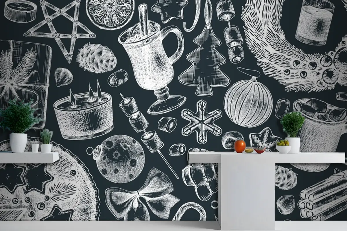 Kara Tahta Üzerinde Vintage Noel Afiş Tasarımı Elle Çizilmiş Tatil Mutfak Duvar Kağıdı