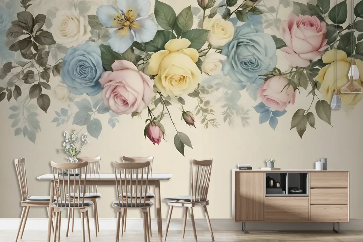 Vintage Renkli Çiçekli Duvar Kağıdı 