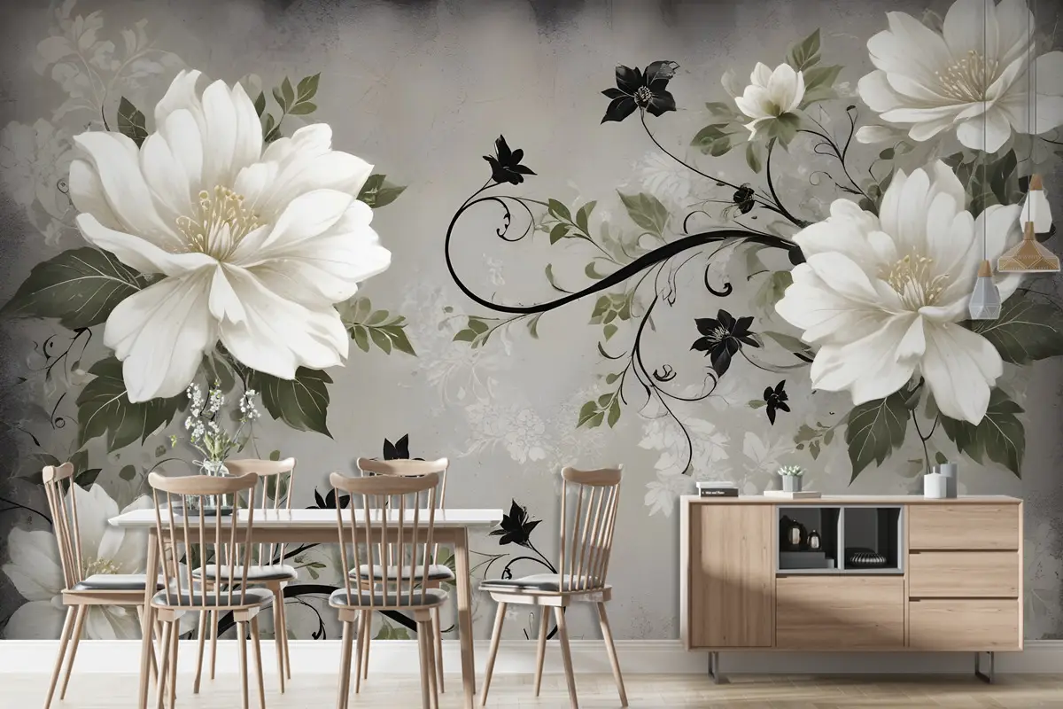 Vintage Krem Çiçekler Sanat Duvar Kağıdı 