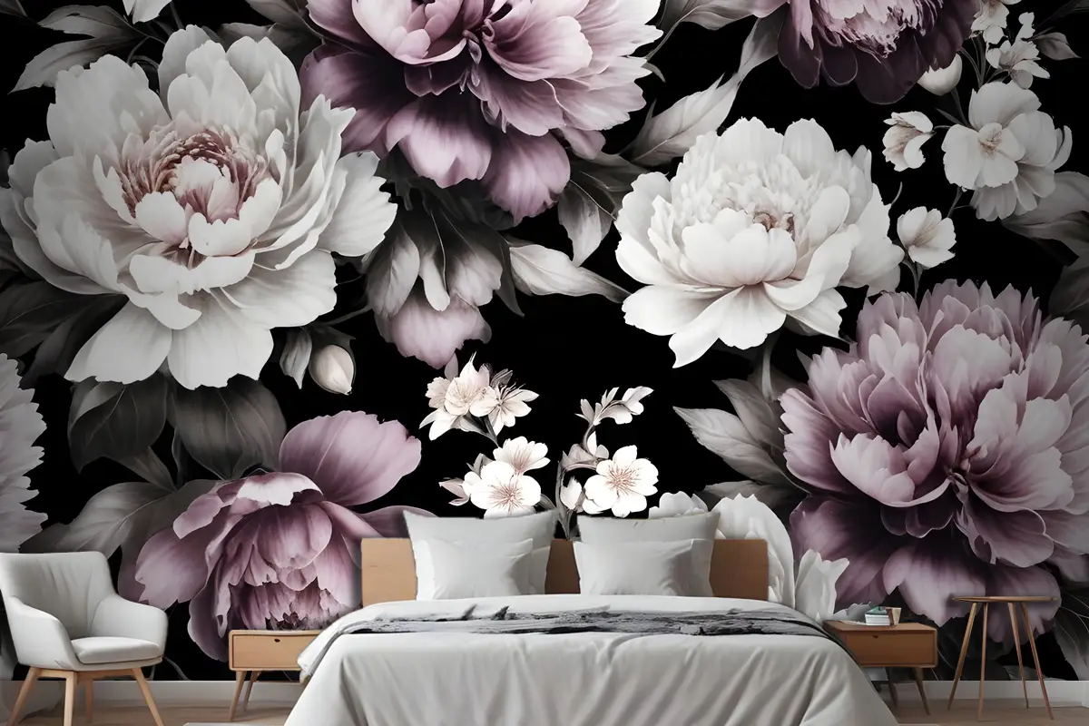 Vintage Koyu Büyük Şakayık Çiçeği Yatak Odası Duvar Kağıdı 