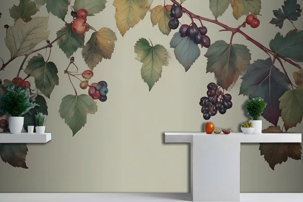 Vintage Yeşil Botanik İncir Ağacı Mutfak Duvar Kağıdı