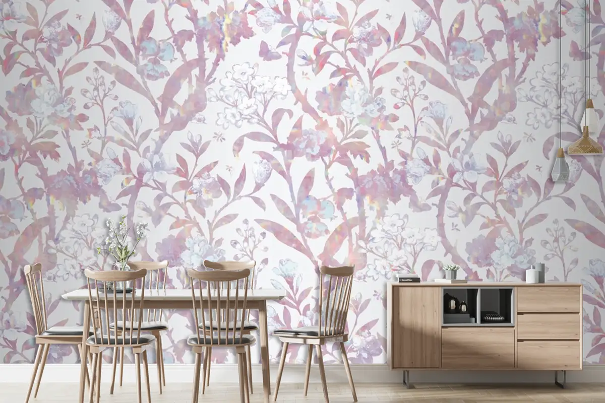 Vintage Holografik Çiçek Desenli Duvar Kağıdı 