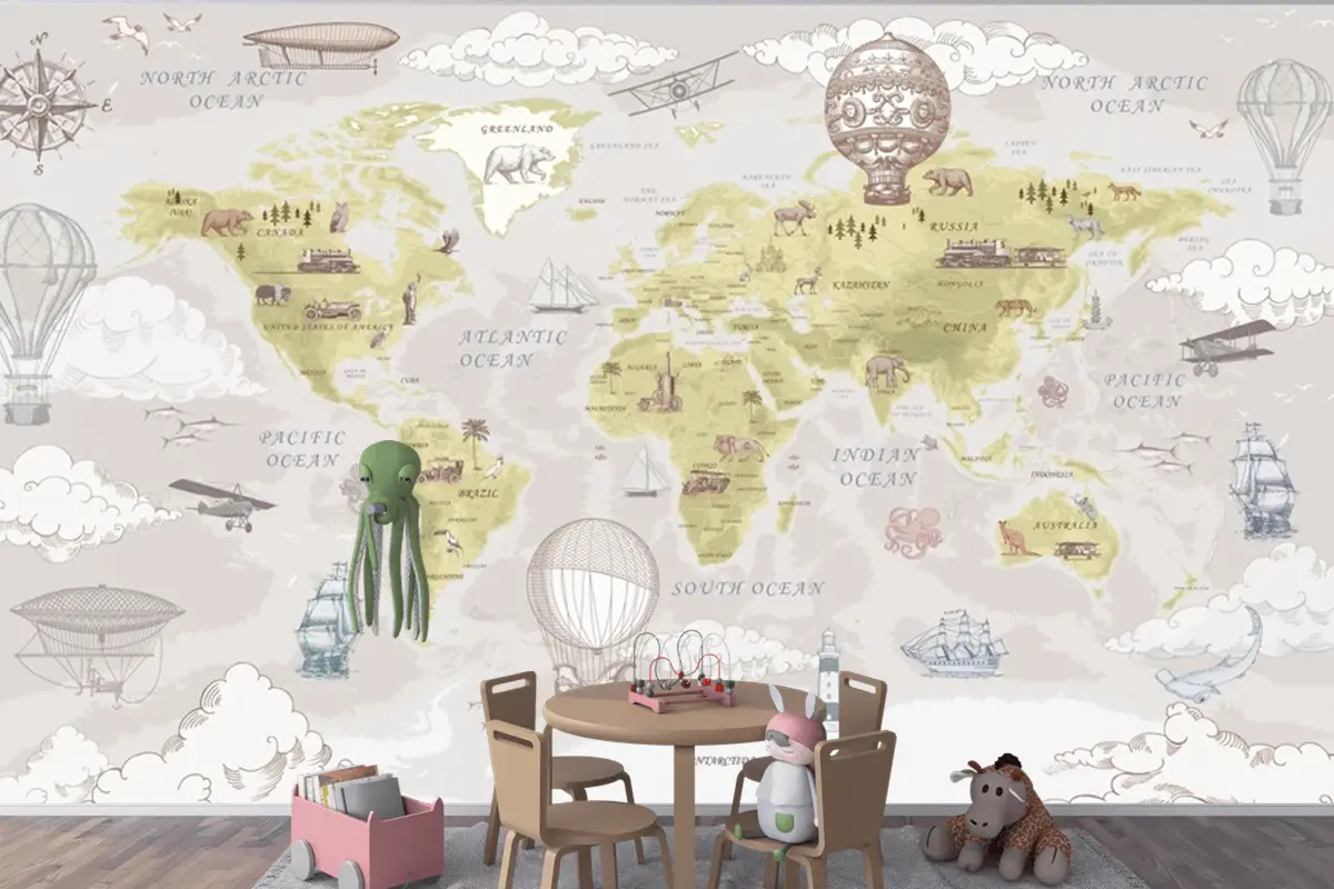 Vintage Sıcak Hava Balonları Ve Uçaklar Çocuk Odası Duvar Kağıdı