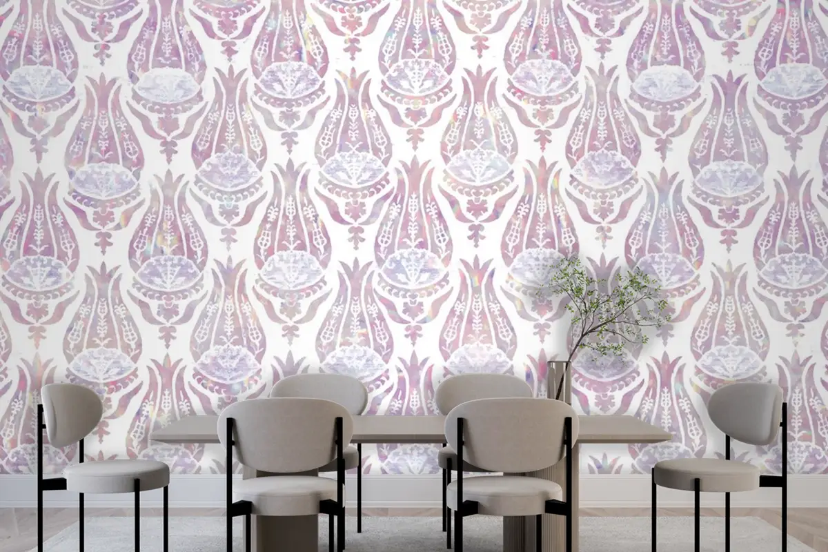 Vintage Lale Holografik Desenli Yemek Odası Duvar Kağıdı