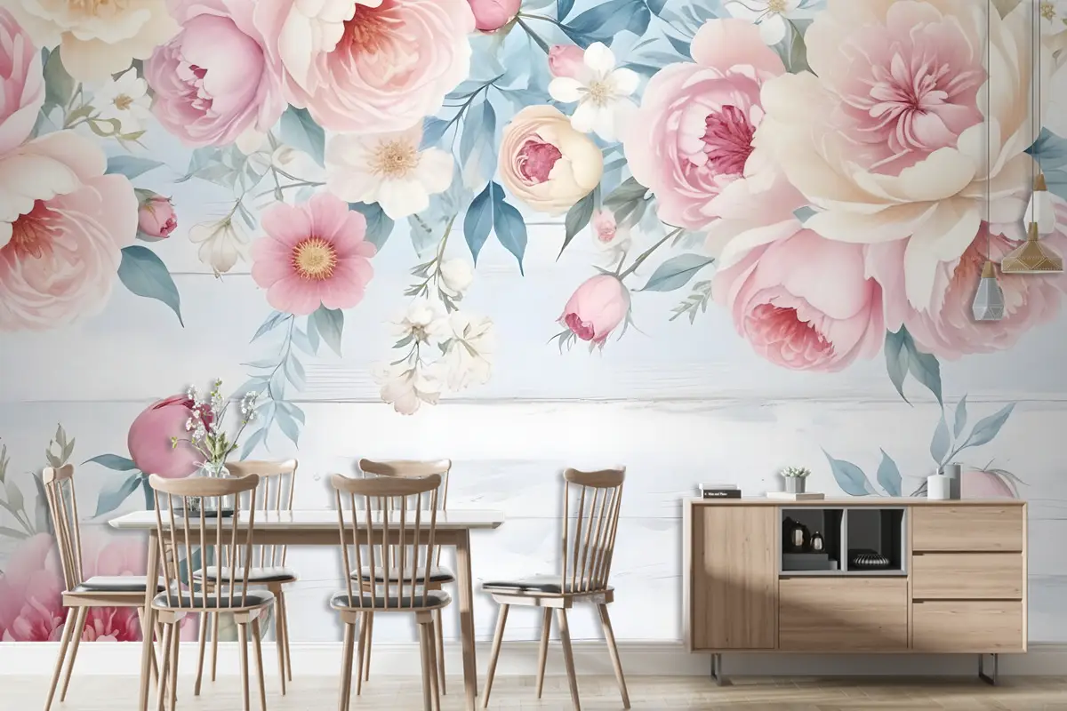 Vintage Suluboya Pembe Çiçekler Duvar Kağıdı
