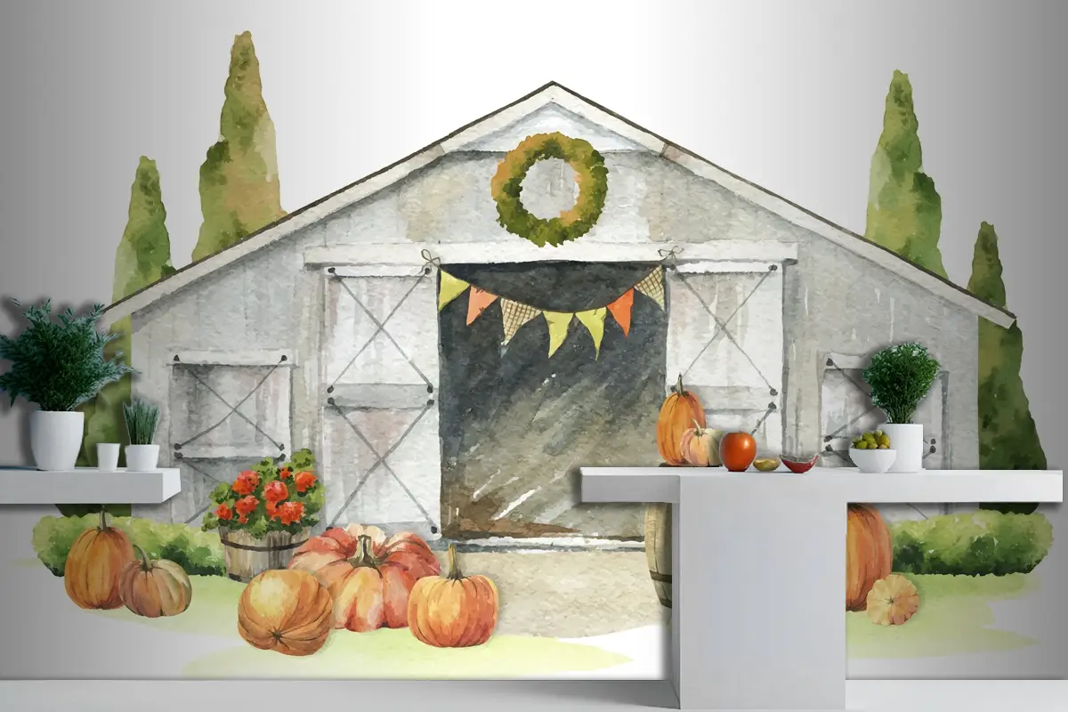 Suluboya Sonbahar Ahşap Ahır Kabak Hasat Mutfak Duvar Kağıdı