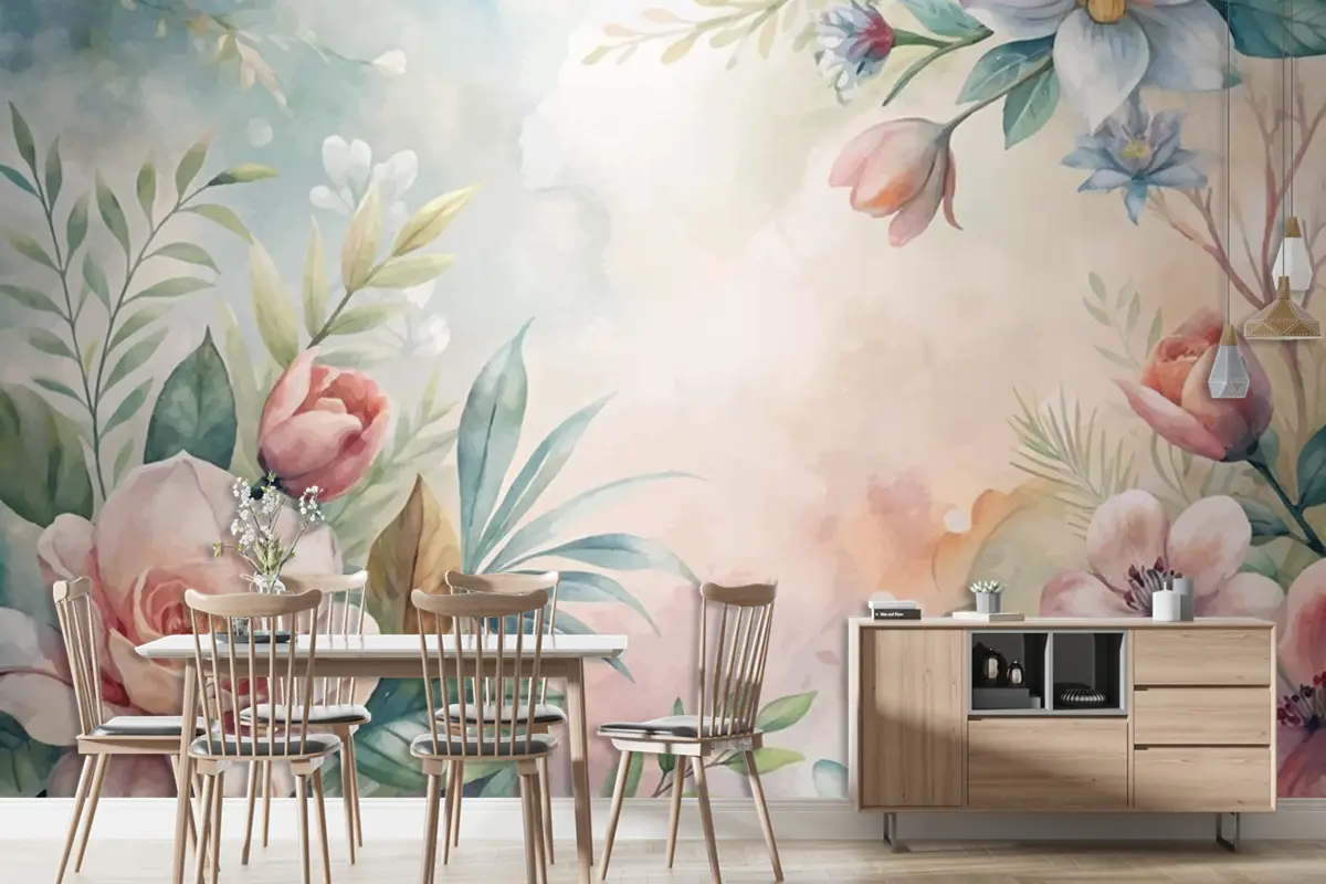 Yemyeşil Çiçek Ve Yaprakların Suluboya Arka Planı Duvar Kağıdı