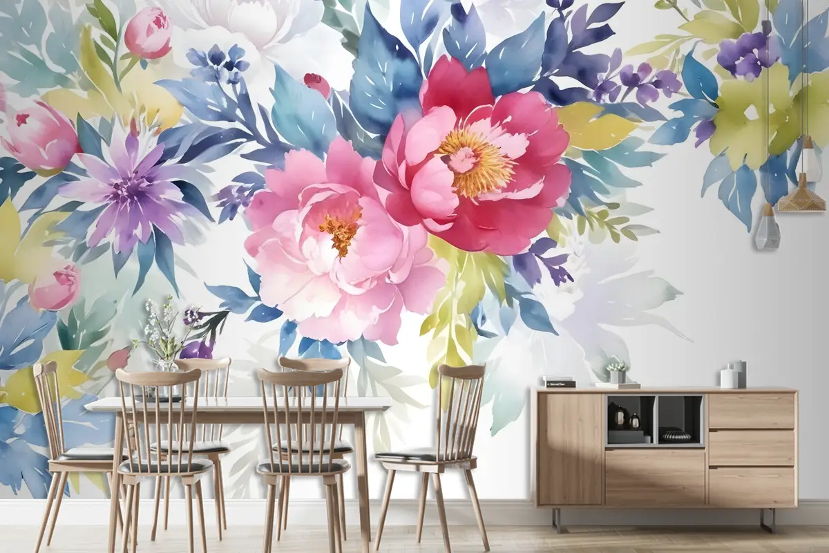 Suluboya Renkli Şakayık Çiçekleri Duvar Kağıdı 