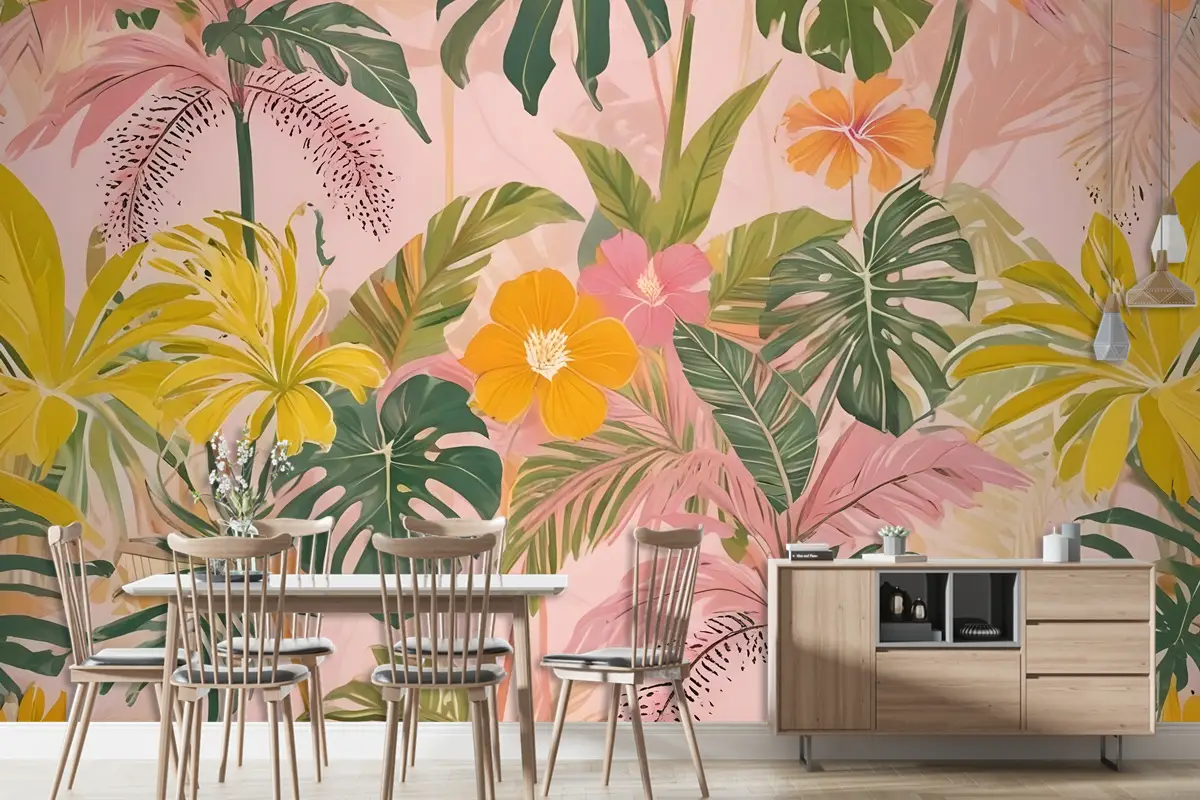 Suluboya Renkli Yaz Tropikal Yaprak Duvar Kağıdı