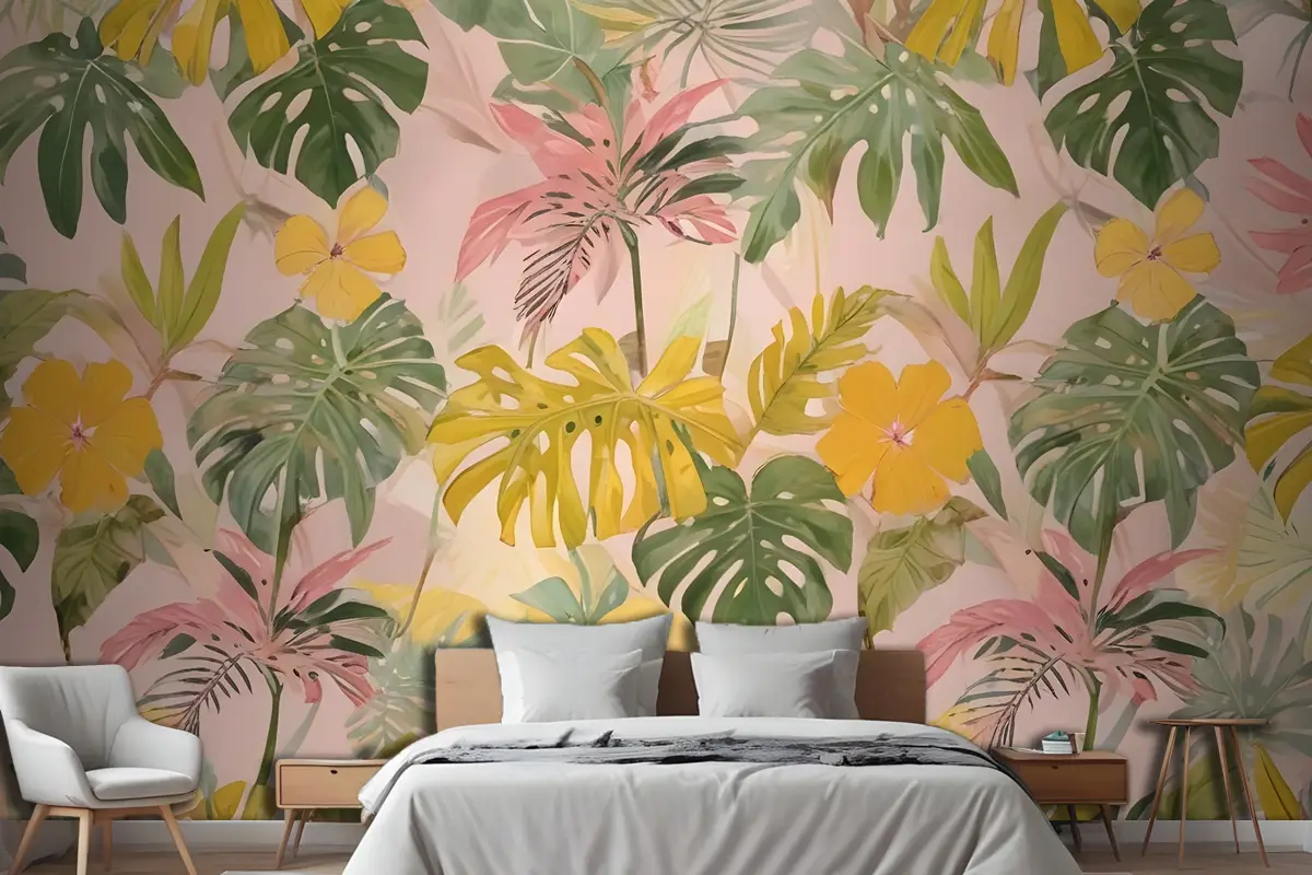 Suluboya Renkli Yaz Tropikal Yaprak Yatak Odası Duvar Kağıdı