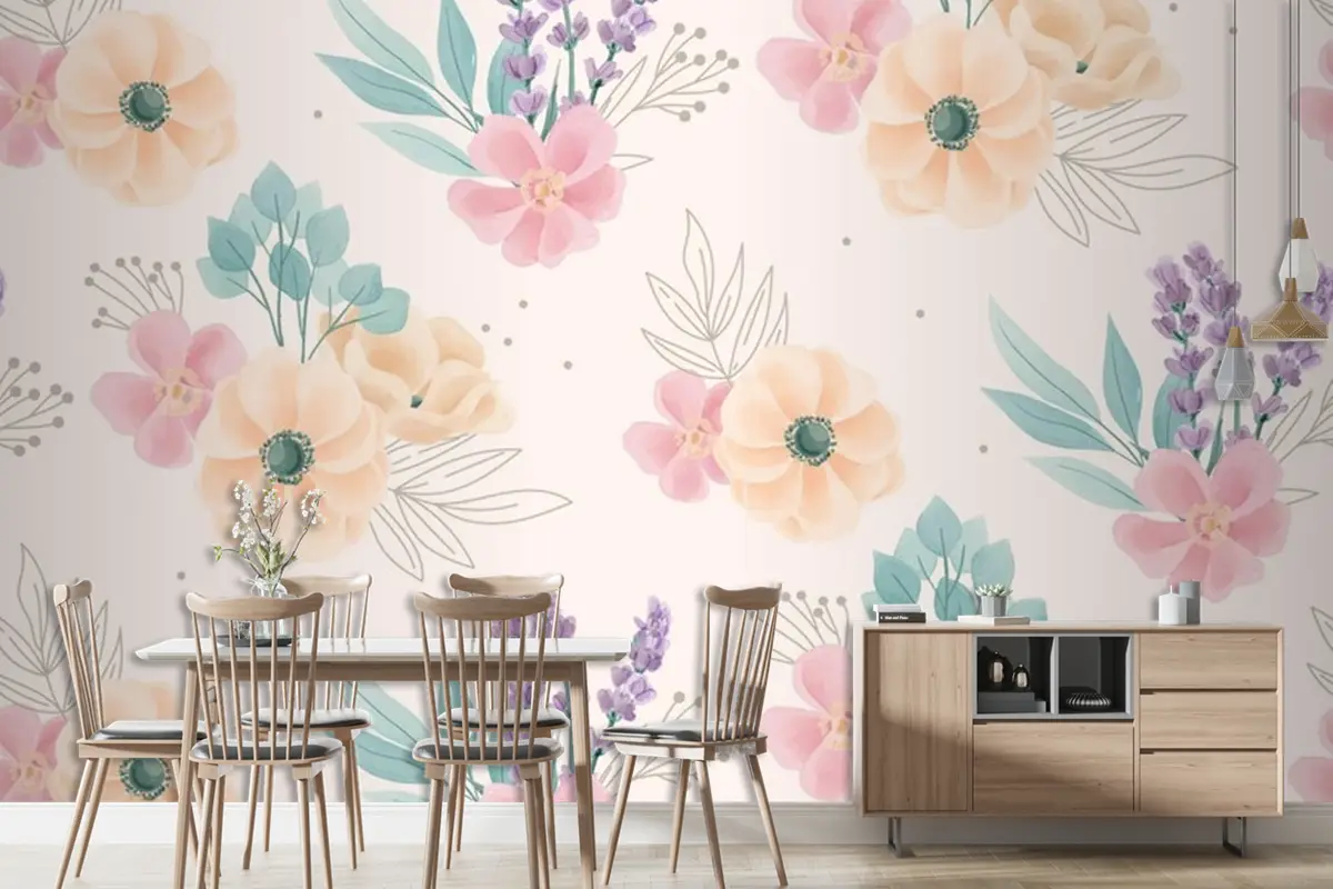 Suluboya Çiçek Süsler Desen Duvar Kağıdı 