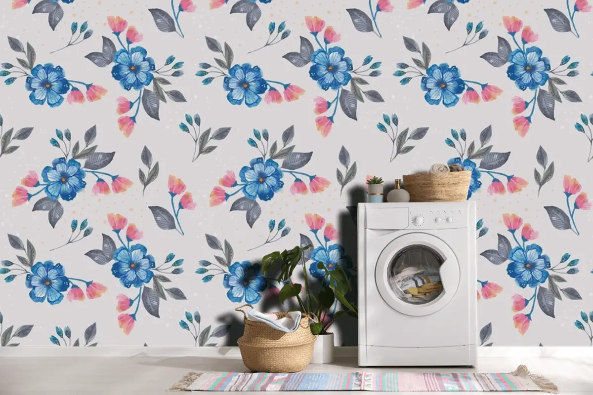Suluboya Çiçek Desenli Tasarım Çamaşır Odası Duvar Kağıdı 