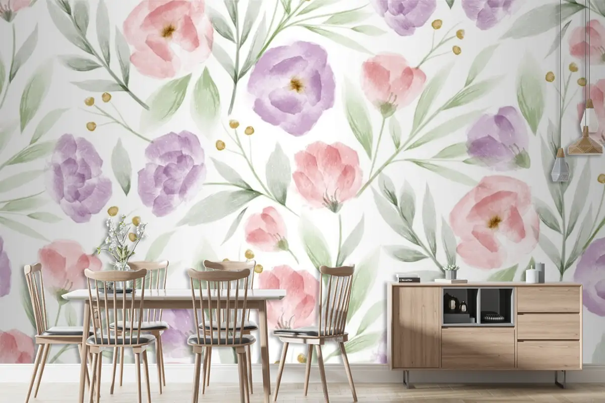 Suluboya Çiçek Desenli Duvar Kağıdı 