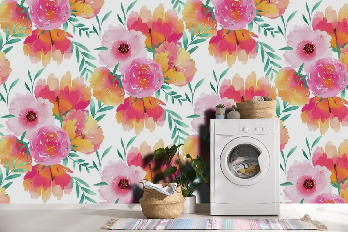 Suluboya Çiçek Dikişsiz Desen Şablonu Duvar Kağıdı