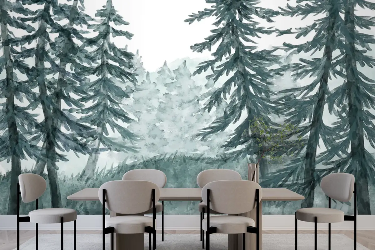 Suluboya Orman Manzarası Yemek Odası Duvar Kağıdı 