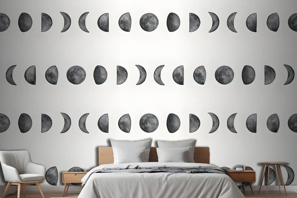 Suluboya Dolunay Hilal Desen Yatak Odası Duvar Kağıdı