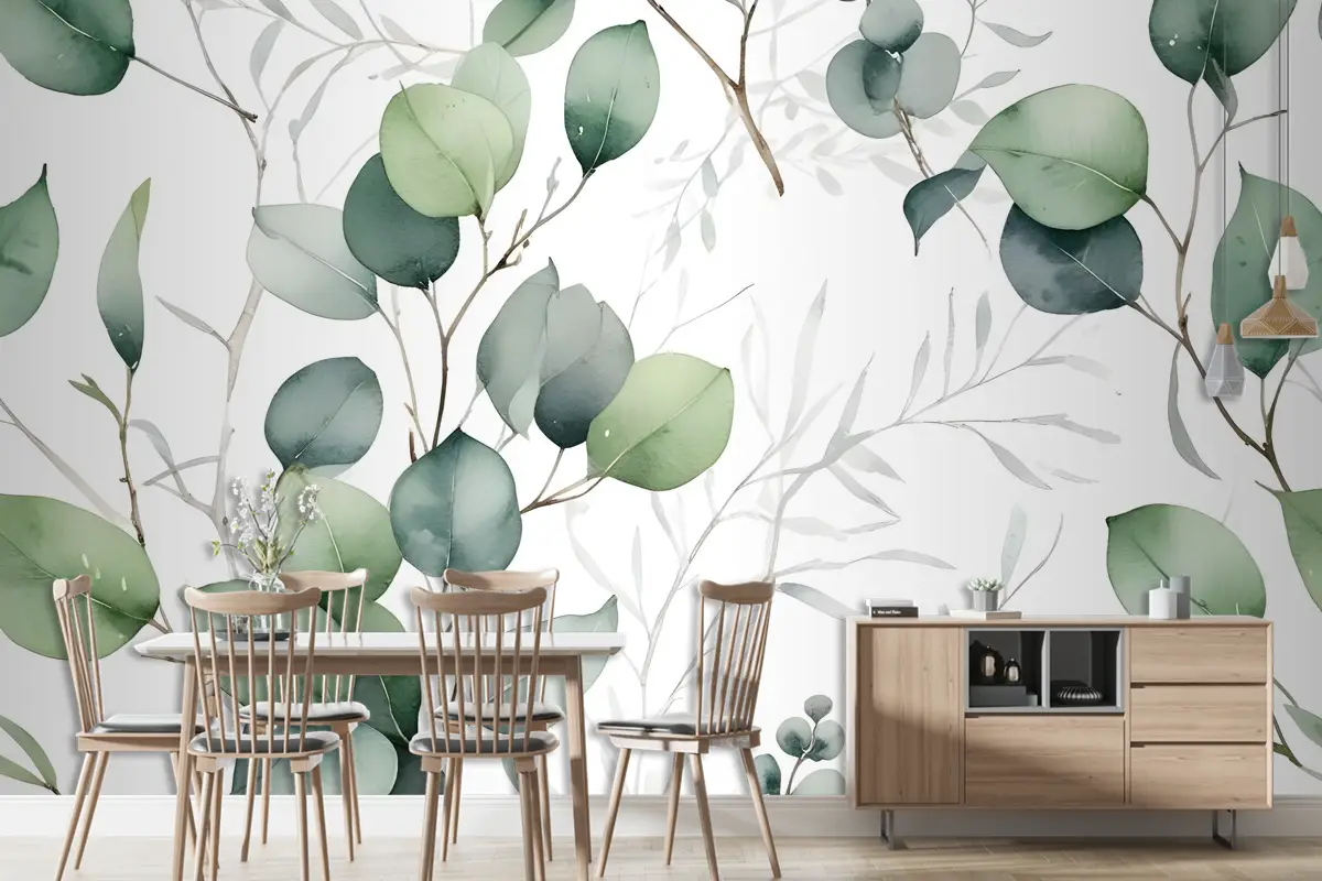 Suluboya Yeşil Okaliptüs Yaprağı Duvar Kağıdı