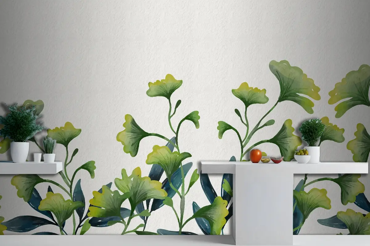 Suluboya Yeşil Yapraklar Mutfak Duvar Kağıdı