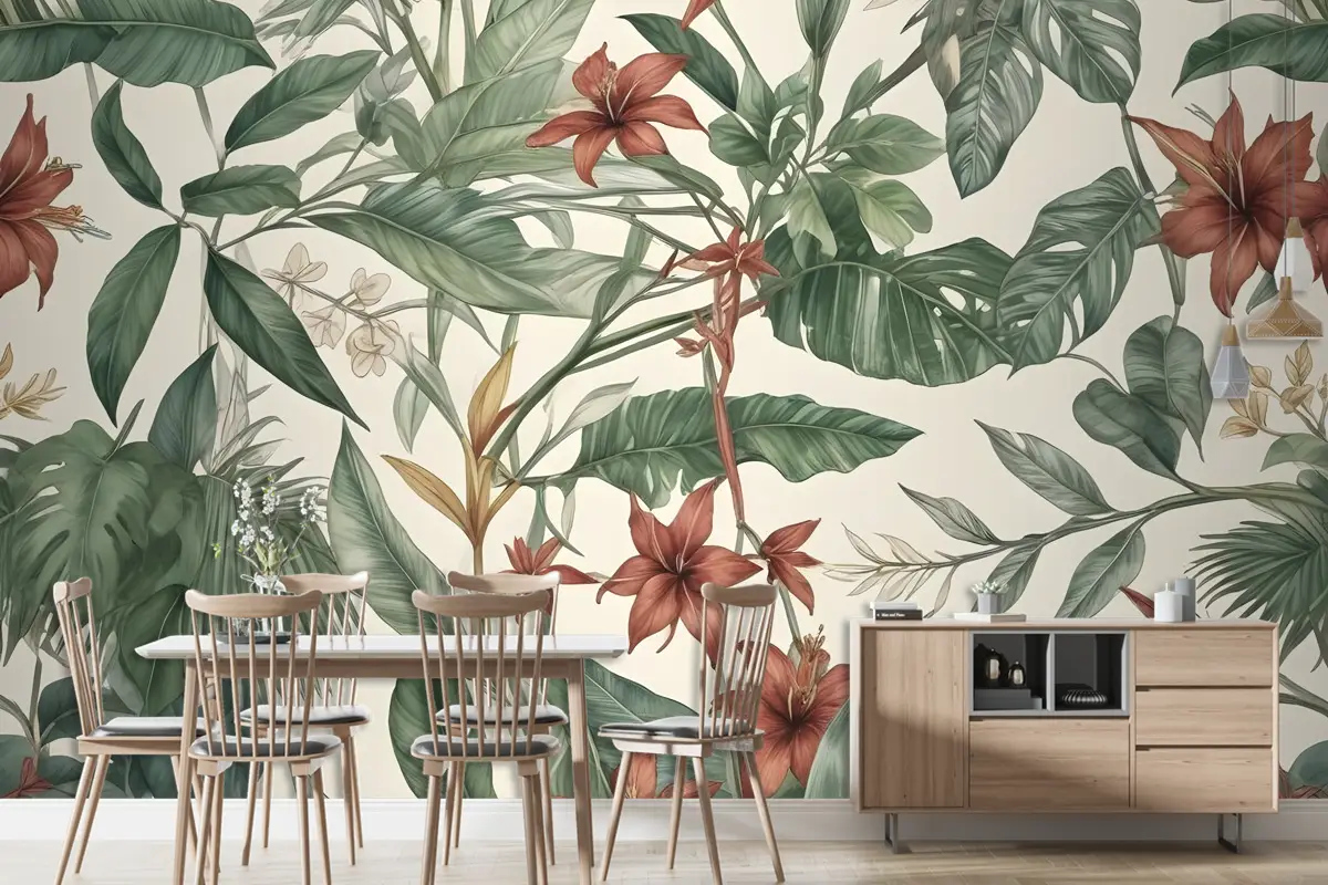 Suluboya Yeşil Tropikal Yapraklar Duvar Kağıdı