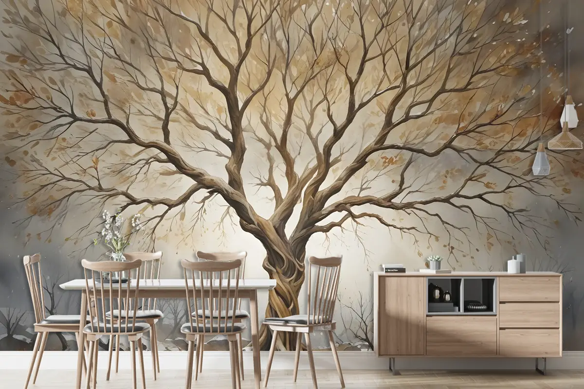 Suluboya Yapraksız Sonbahar Ağaçları Duvar Kağıdı