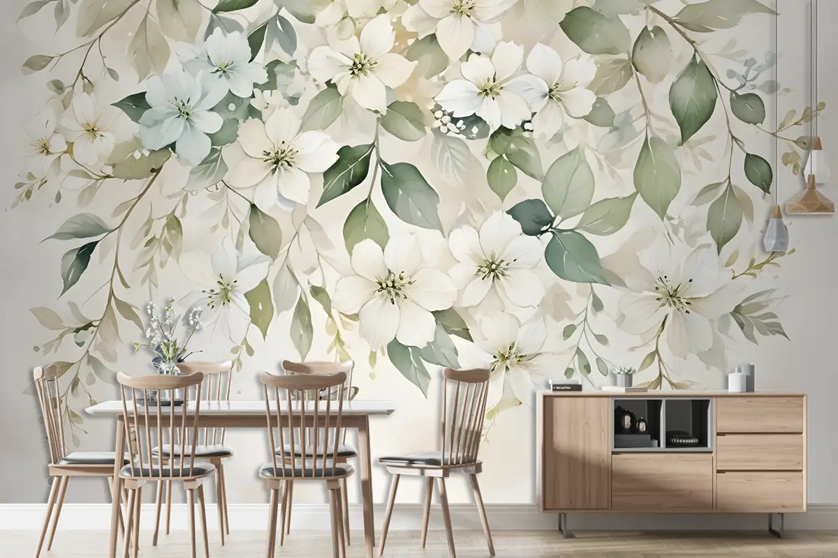  Yeşil Yapraklı Suluboya Yumuşak Çiçek