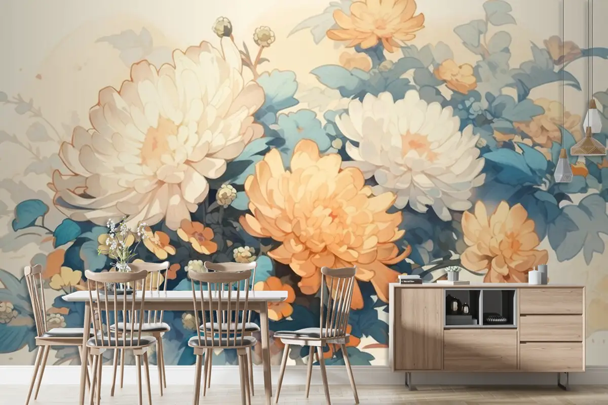 Tamamlayıcı Renklerle Suluboya Vintage Krizantem Teması Duvar Kağıdı