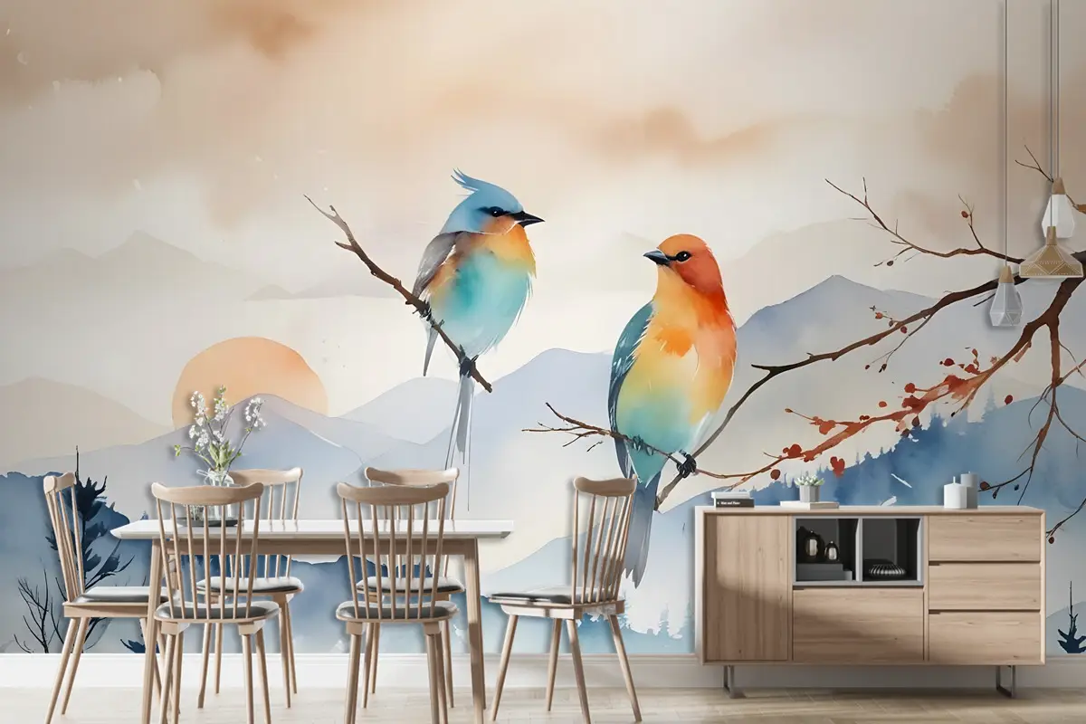 Suluboya Kış Manzarası Ve Renkli Kuş Duvar Kağıdı 