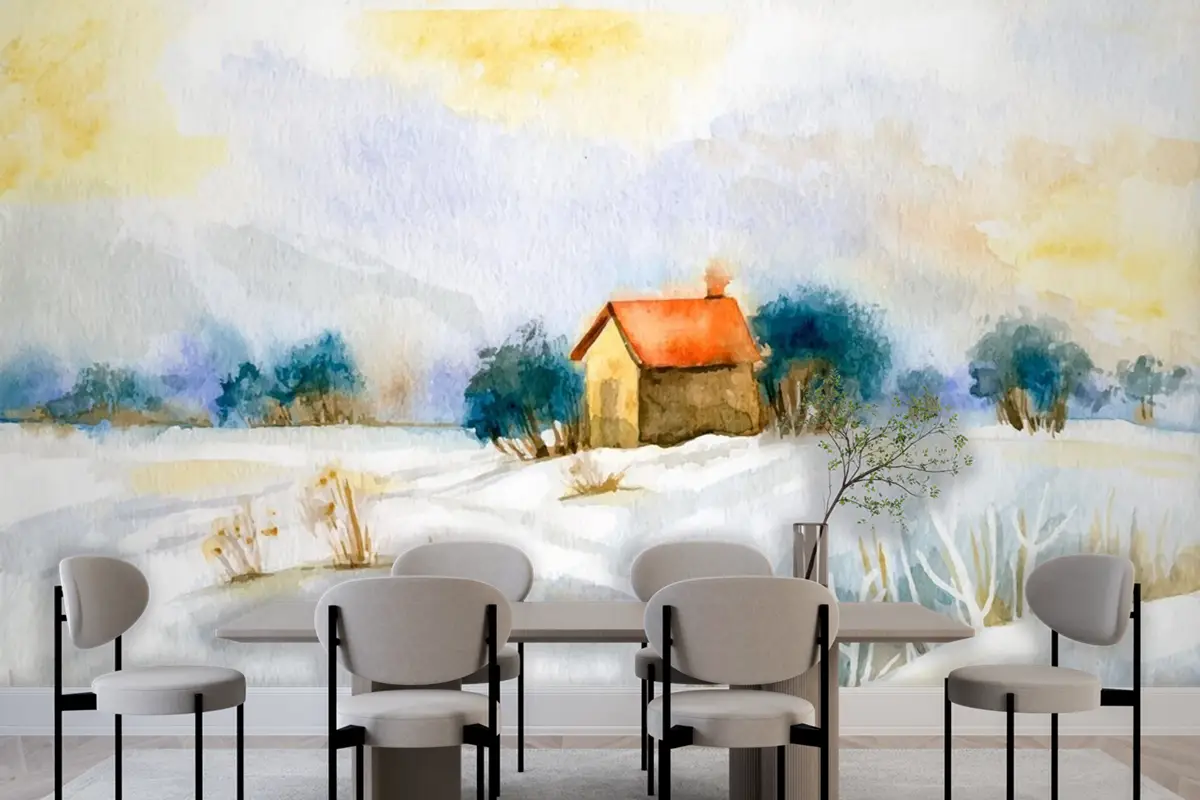 Suluboya Kış Manzarası Yemek Odası Duvar Kağıdı