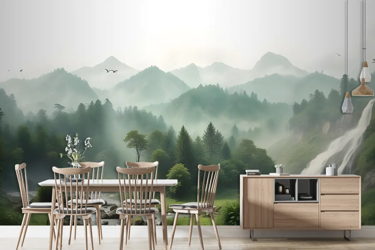 Puslu Yeşil Orman Manzarası Duvar Kağıdı Duvar Ile Şelale