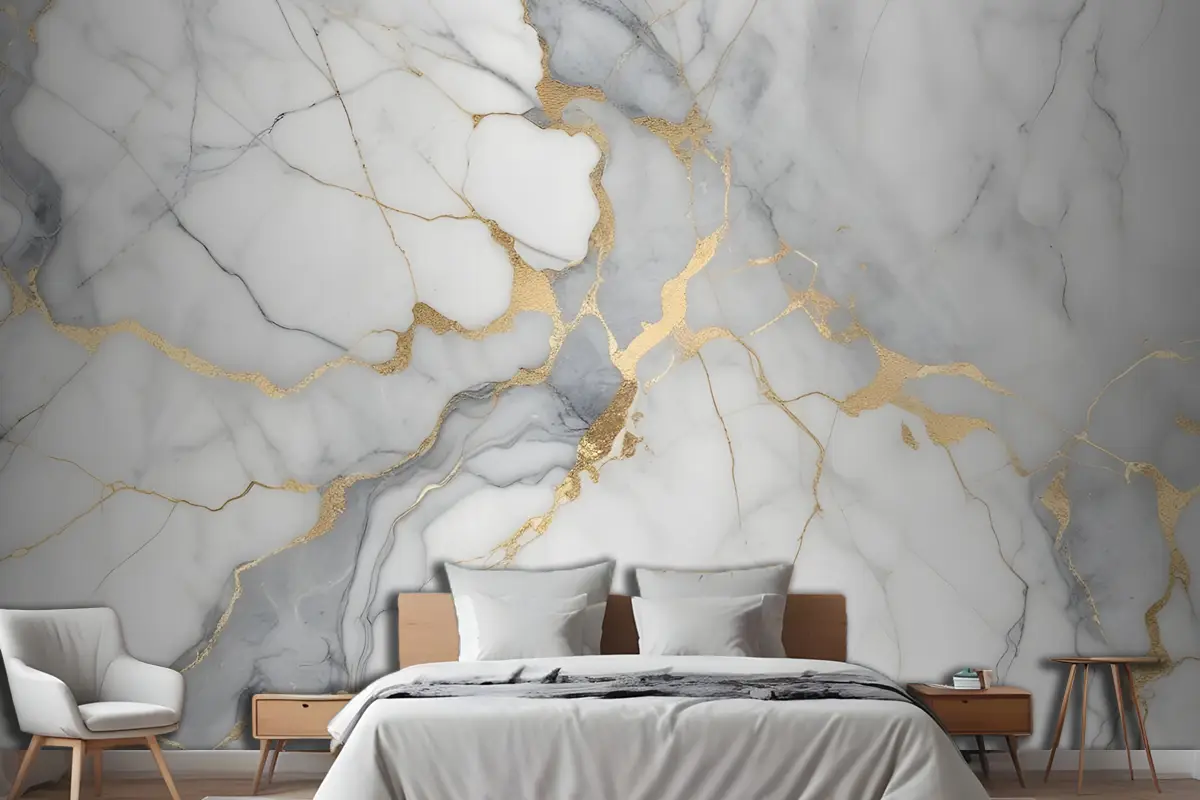 Altın Damarlı Beyaz Ve Gri Mermer Dokusu Yatak Odası Duvar Kağıdı